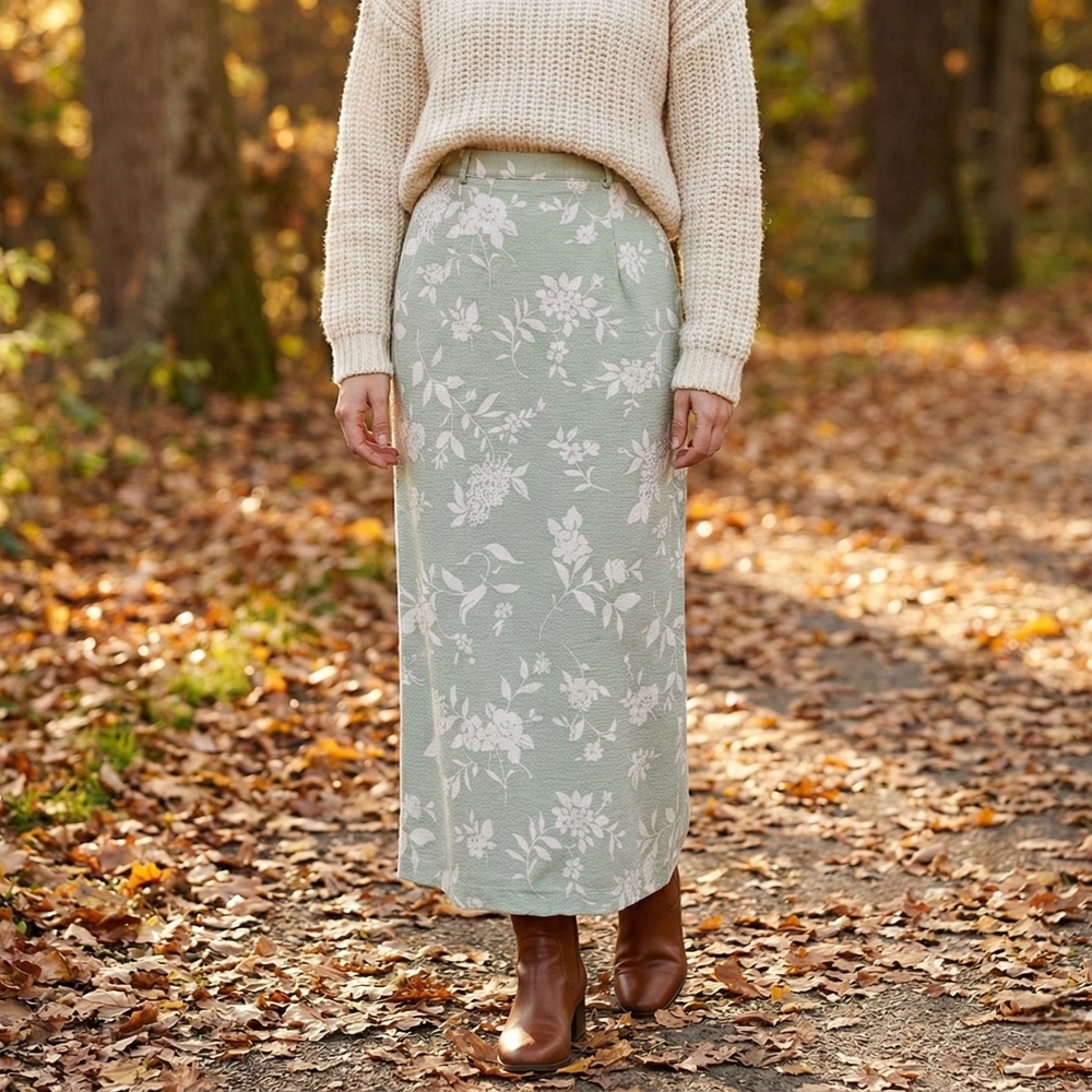 Ali Miles Sage Floral Thick Cotton Maxi Skirt - High Waist